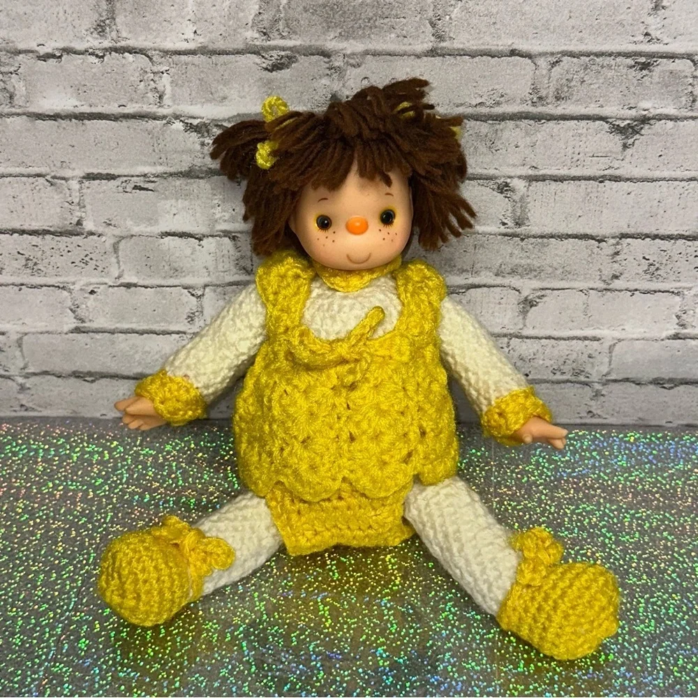 Vintage Hand Crochet Doll with Knitted Yellow Dress 11in Tall Yellow White